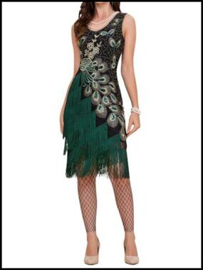 Vintage Flapper Party Dress Sequin Peacock Tassel Midi Sleeveless